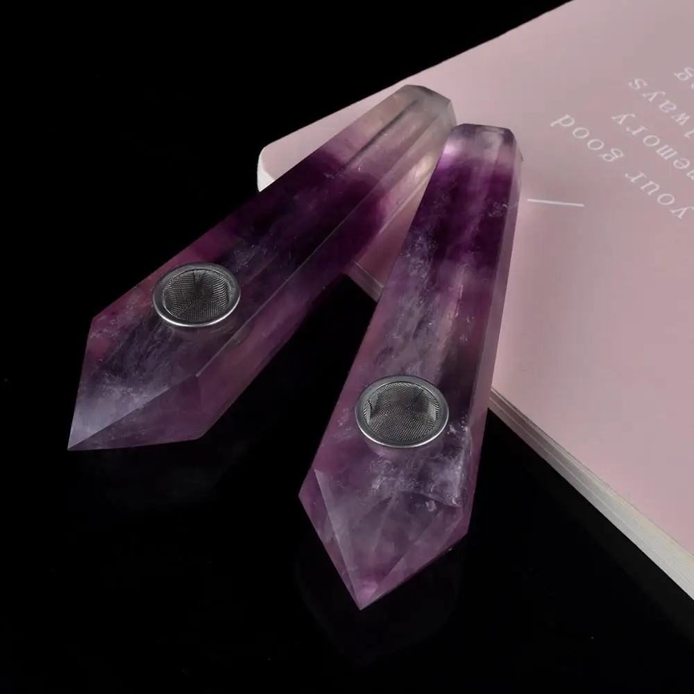 

Natural Purple fluorite Crystal Holder Smoking Tobacco Pipes Magic Wand Point Healing + Metal Filter Health Smoking Wholesale