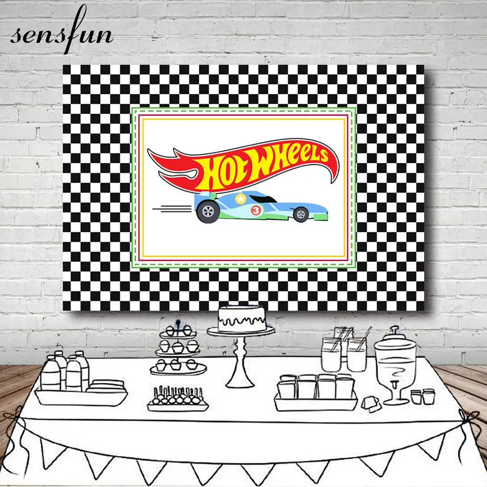 

Sensfun Black and White Plaid Hotwheels Cars Backdrop For Boys Birthday Party Photography Backgrounds Custom Made 7x5FT Vinyl