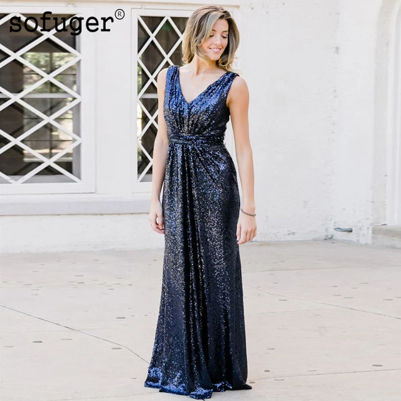 

Exquisite Blue Sexy V Neck Sequin Summer Beach Pleat Special Occasion Bridesmaid Dresses Formal Vestidos Wedding Party Dress
