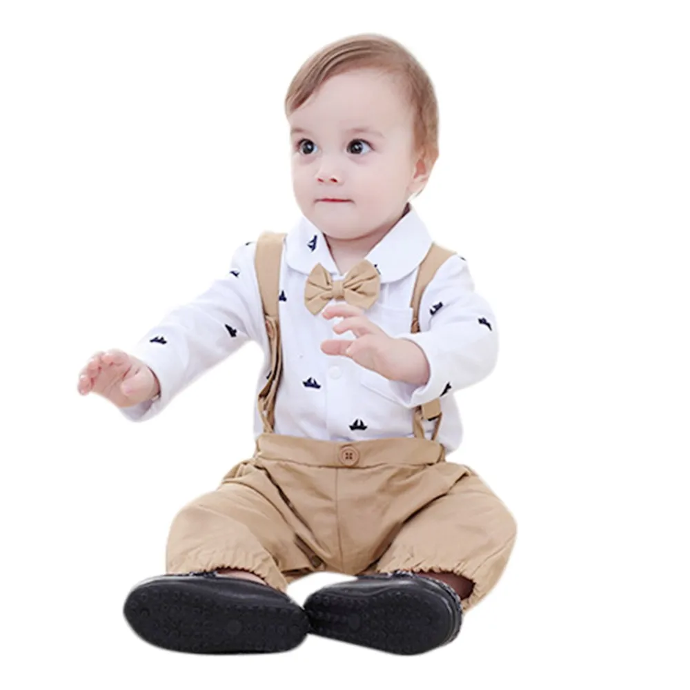 

Gentleman Pactwork Baby Boys Clothes Toddler Boy Boat Print Bowtie Pocket Romper Overalls Clothing Kids Party Wedding Suits