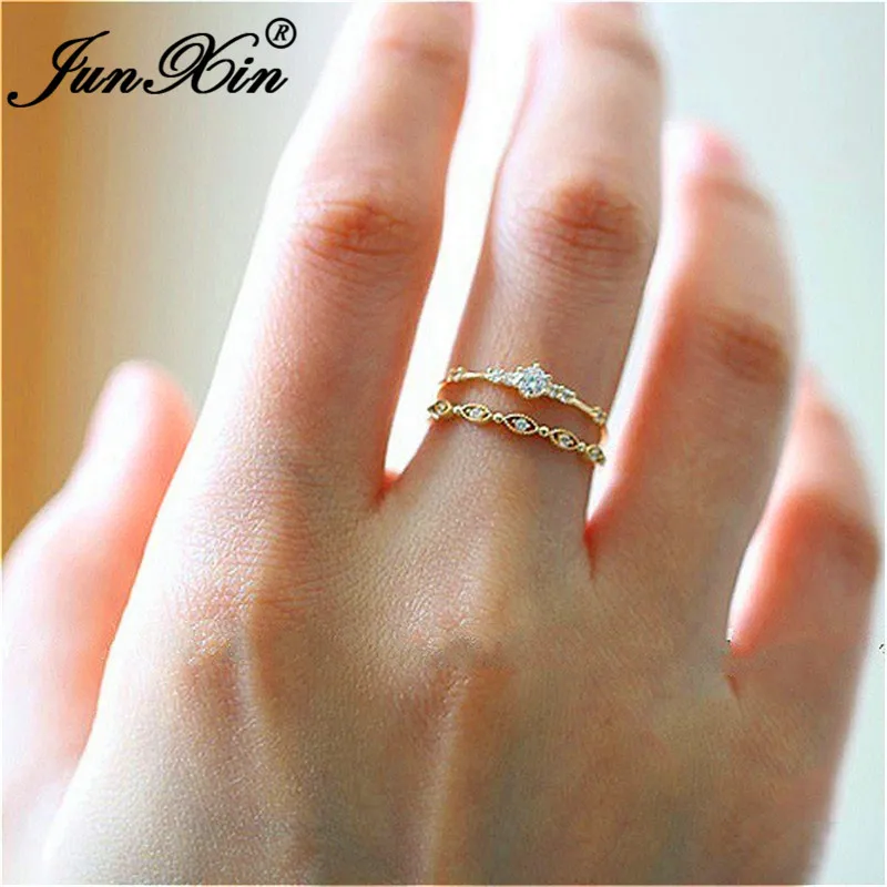 JUNXIN 1pc Minimalist Stacking Wedding Thin Rings For Women Yellow Gold Filled Female Small White Crystal Eternity Ring Jewelry