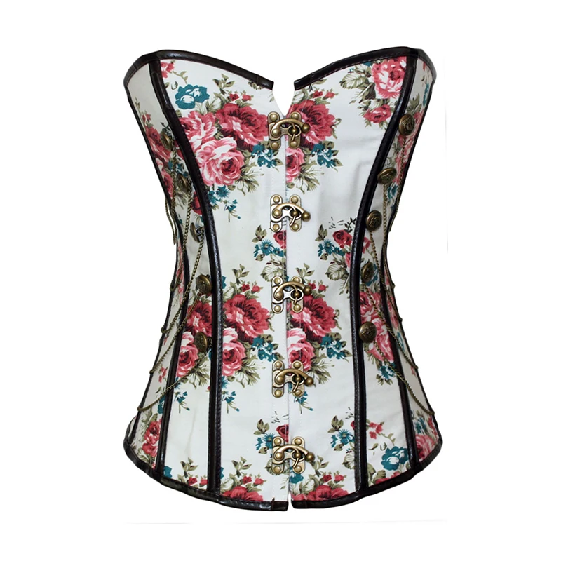 Espartilho Floral Printed Sexy Lingerie Burlesque Corselet with Chain Gothique Bustiers Women Slimming Steampunk Gothic Corset (5)