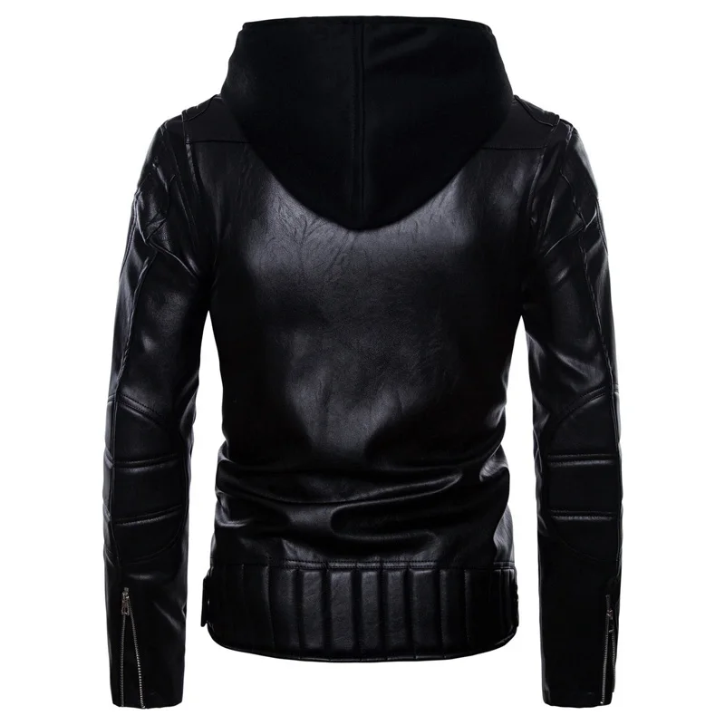 Black Hooded Leather Jacket Men Fake Two Pieces Zipper Male Leather Jackets and Coat Casual Mens Motorcycle Pu Leather Jackets