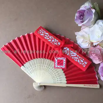 Free shipping 100Sets/Lot Personalized printing name &date Luxurious Silk hand Fan in Elegant Laser-Cut Gift Box as wedding Gift