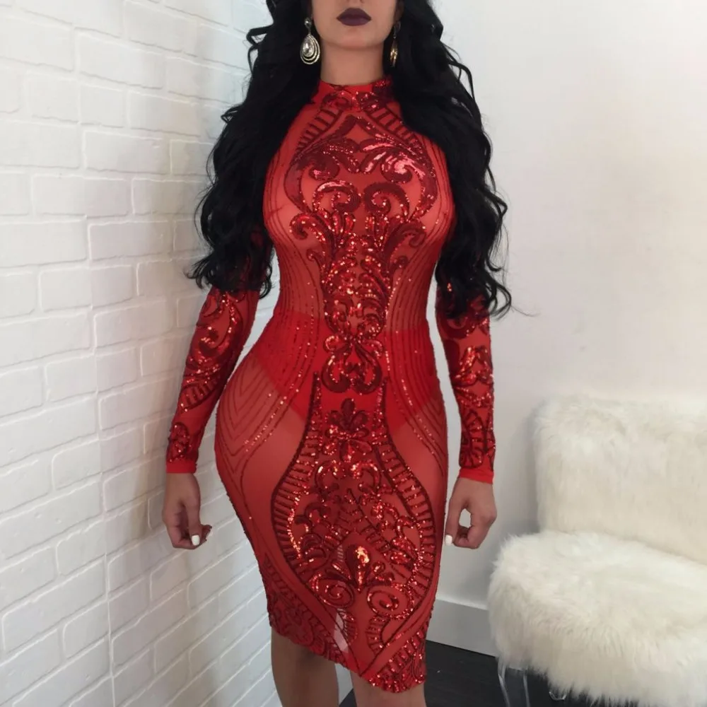 Robe Sequin Courte Sexy Mesh Sequin See Through Tulle Bodycon Dress