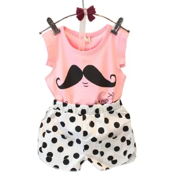 

2-5 Years Baby Girls Clothing Set Summer Sleeveless T-shirt+Polka Dot Pant 2pcs Kids Cotton Clothes Set KF064