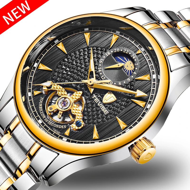 TEVISE Luxury Men Watch Automatic Mechanical Self-winding Watches Waterproof Moon Phase Stainless Steel Mens Wristwatch+Box TEVISE Luxury Men Watch Automatic Mechanical Self-winding Watches Waterproof Moon Phase Stainless Steel Mens Wristwatch+Box