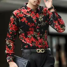 Осенне-зимняя бархатная рубашка мужская шелковая рубашка с модным цветочным принтом с длинным рукавом мужские повседневные плотные велюровые рубашки с подкладкой теплые