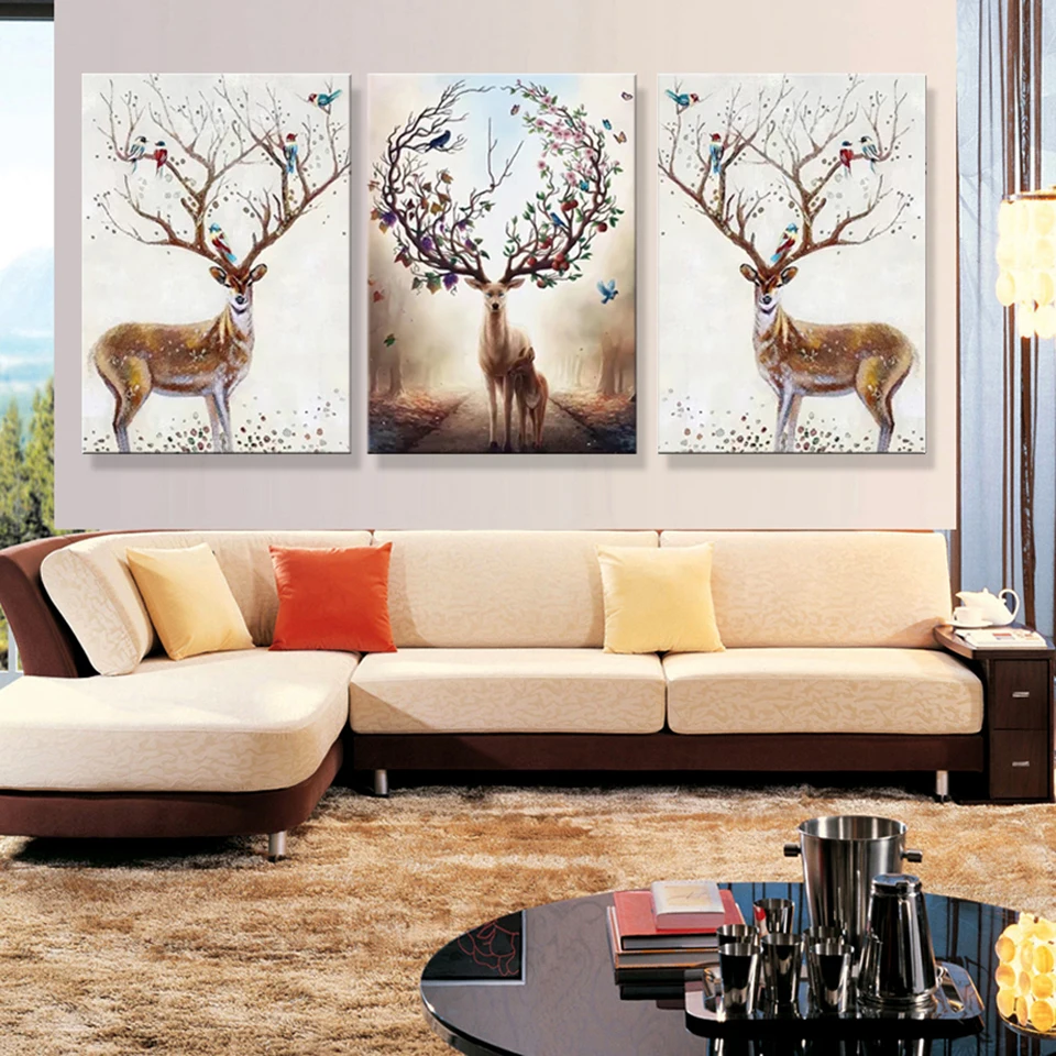 

Wall Art Pictures HD Printed Home Decoration 3 Panel Beautiful Horns Deer Modern Painting On Canvas Posters Frame Living Room