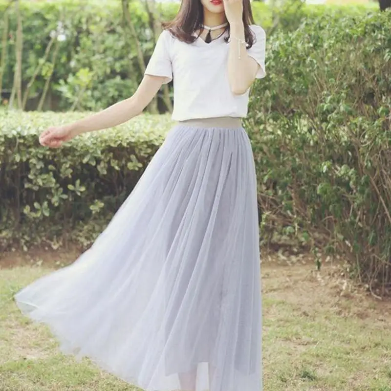 Женская длинная трехслойная юбка-пачка средней длины с высокой талией из прозрачной сетки и тюля, милая однотонная Свободная юбка-пачка ярких цветов