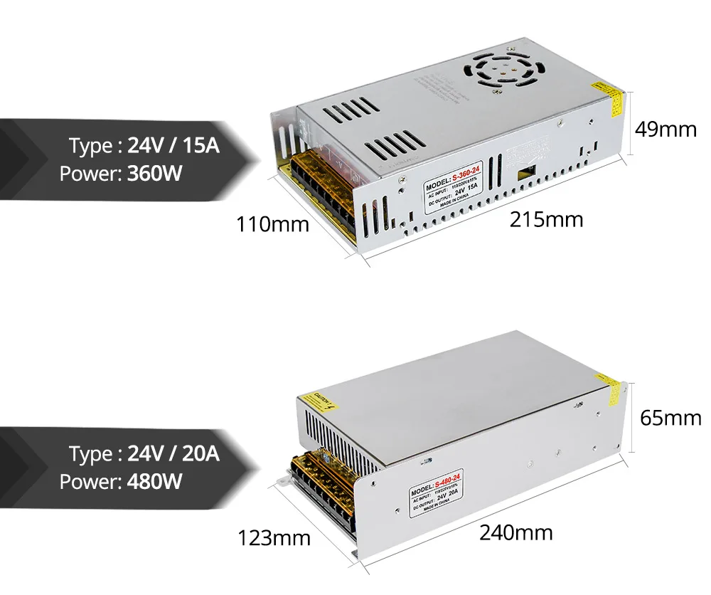 Светодиодный трансформатор с питанием от источника питания, светодиодный адаптер переменного тока 110 В 220 В в постоянный ток 24 В, Светодиодная лента 24 Вт, 48 Вт, 72 Вт, 120 Вт, 200 Вт, 240 Вт, 360 Вт
