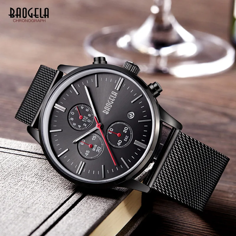 

New Baogela Fashion Stainless Steel Band Quartz Wrist Watches for Men Luxury Chronograph Luminous Dress Watch for Man