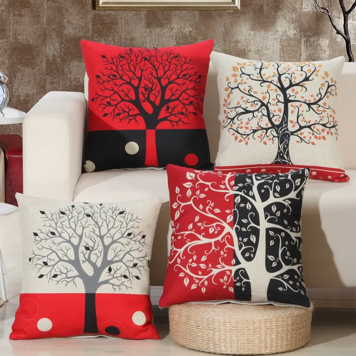 1Pcs Black Red Tree Pattern Cotton Linen Throw Pillow