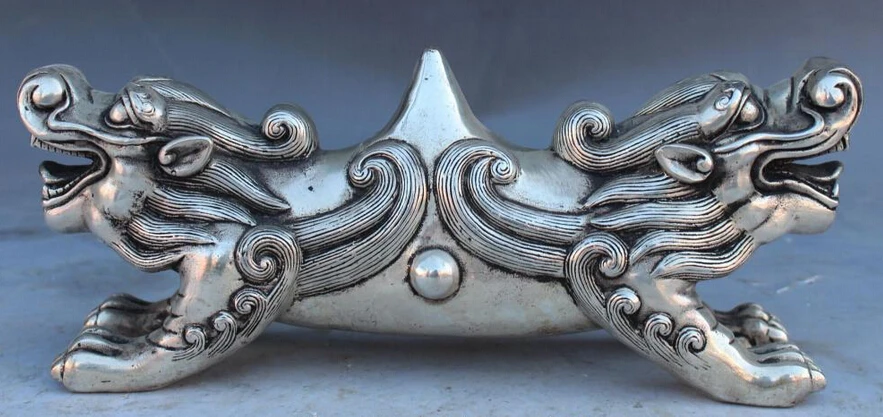 

10" Marked Chines Dynasty Silver 3 Beast Pi Xiu brush pen rack penholder Shelf R0707