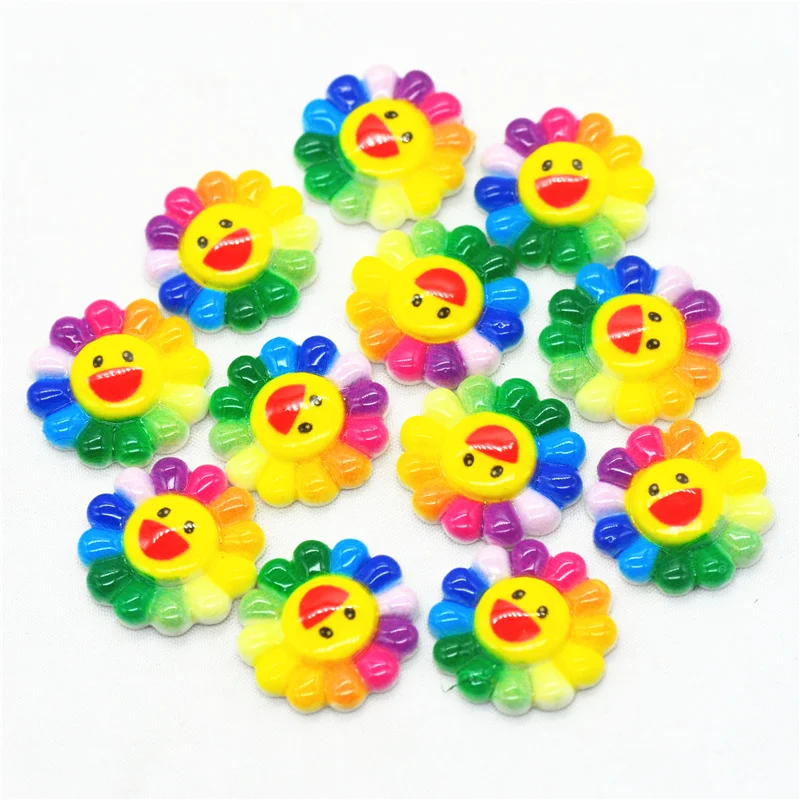 

10PCS Resin Flatback Rainbow Sunflower Smile Face Cabochons|Resin Flatback Scrapbooking Miniatures|Sunflower Hair Bow Centers