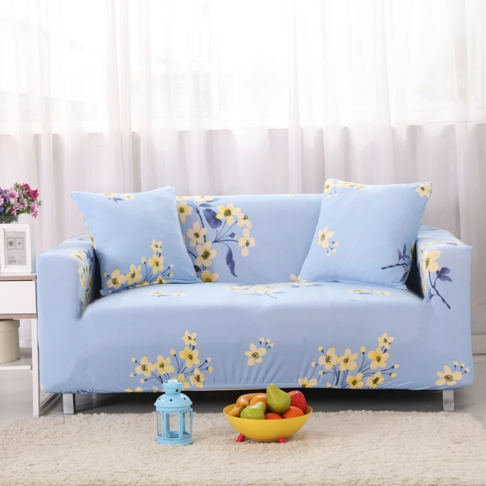 Light blue flowers print stretch sofa cover for 4 seasons,multi size