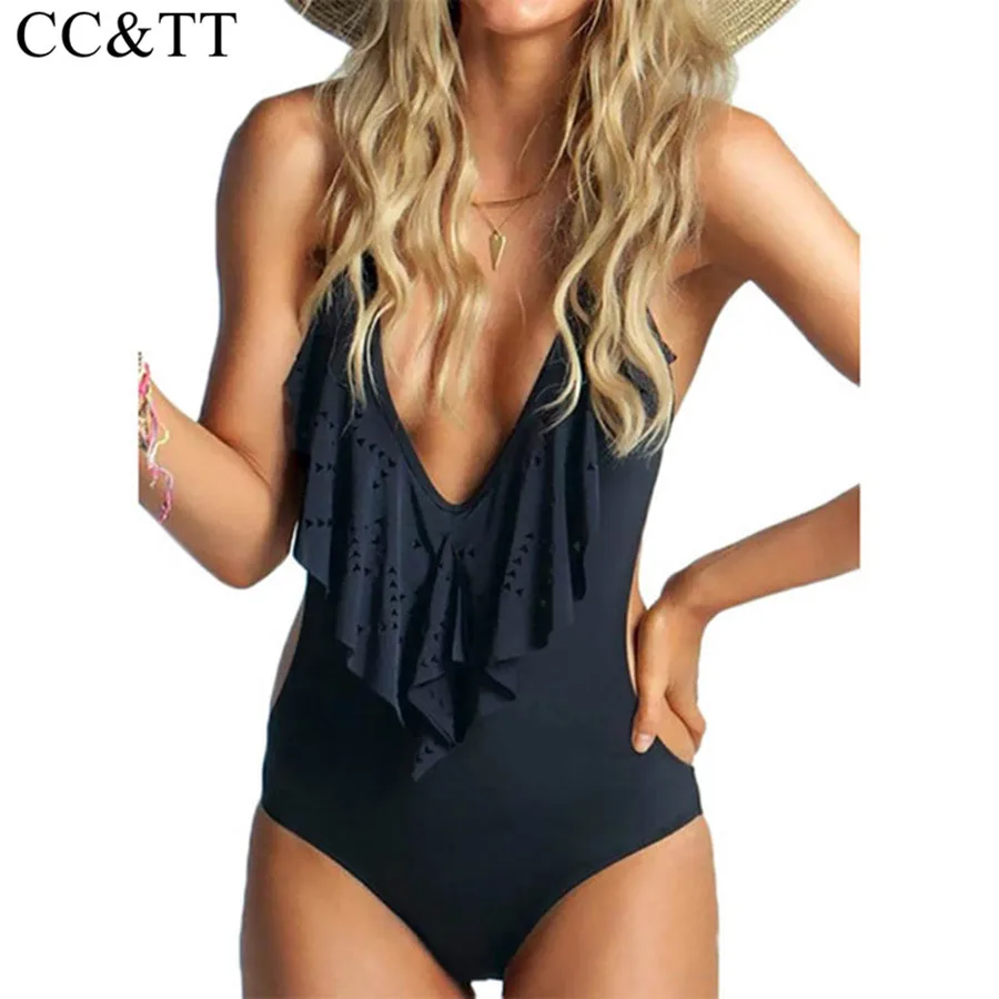 

CC&TT Women V Neck One Piece Swimsuit Front Hollow Out Black Swimwear