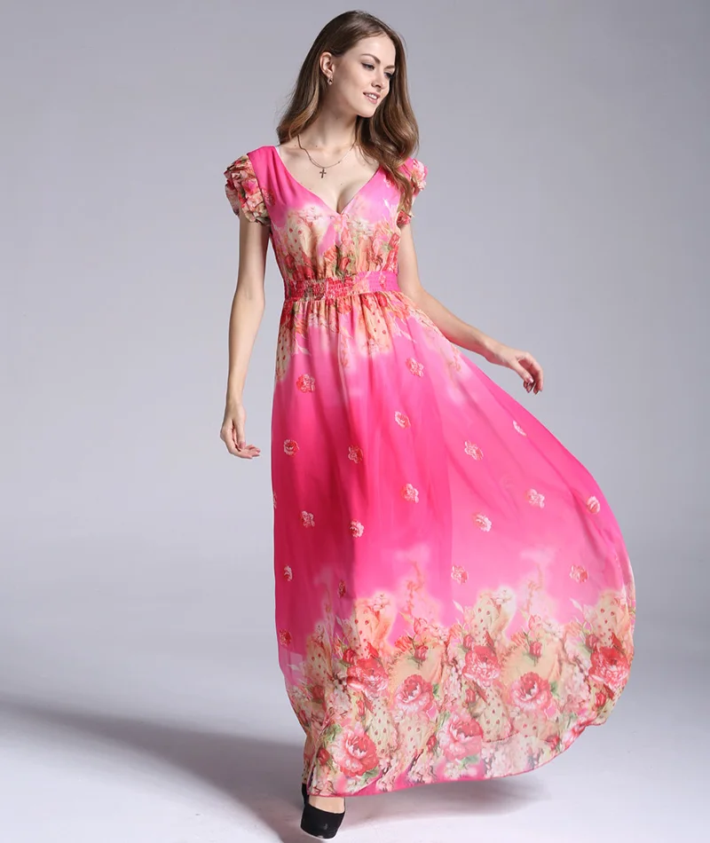 Robe femme ete, летнее шифоновое платье с цветочным рисунком, v-образный вырез, короткий рукав, большой размер, Элегантное Длинное пляжное платье макси, Vestidos mujer