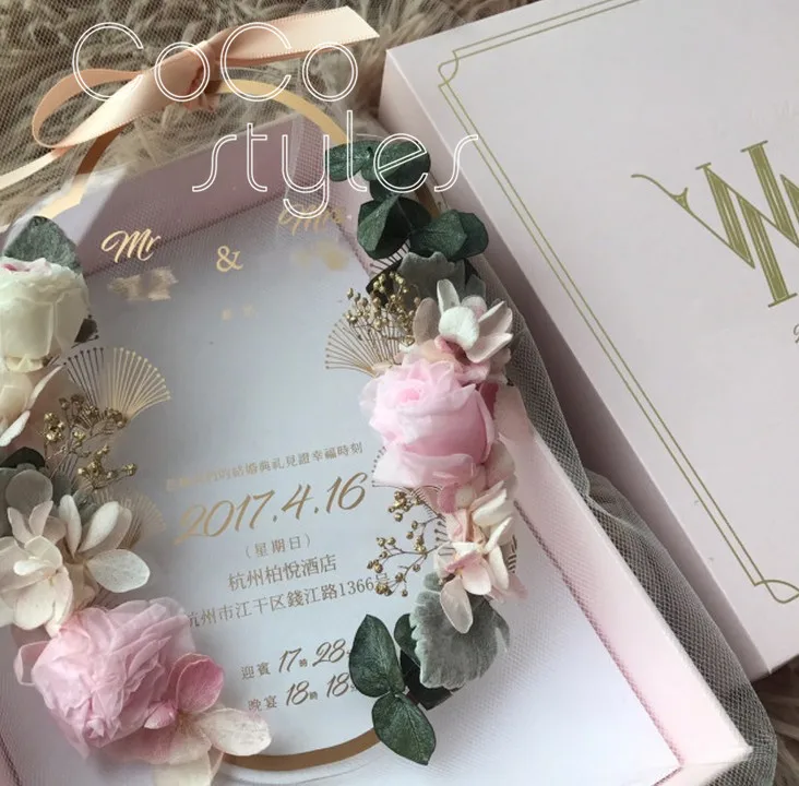  Cocostyles personalized super elegant die cut acrylic invitation card with preservedfreshflower for - 32870722574