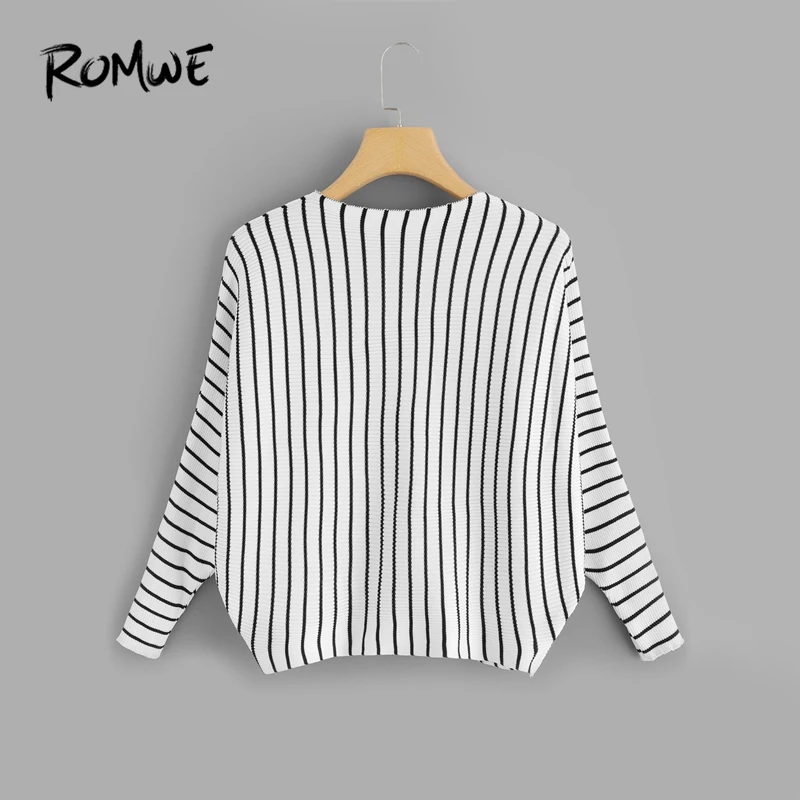 ROMWE Black And White Striped Round Neck Sweater Women Casual Autumn Long Sleeve Jumper Clothes Ladies Spring Pullovers Sweater