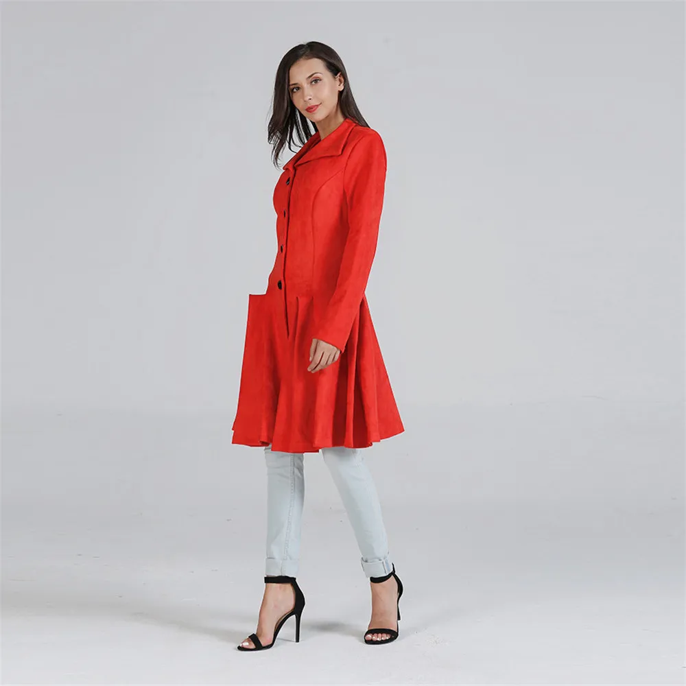 Winter Thick Red Coat For Women Single Breasted Large Swing Coat Long Slim Casual Button Wool Coat Outerwear Skirt Style Coats (4)