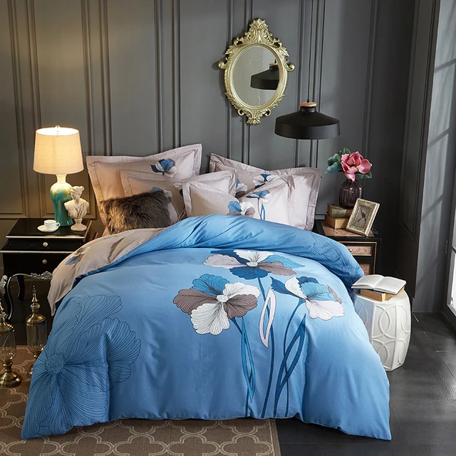 Floral Print Blue Bedding Set 4pcs Queen King Size 100 Cotton Fabric