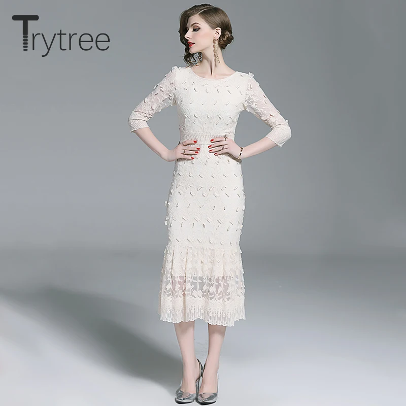 Trytree, лето, осень, элегантное, Русалочка, одноцветное платье, кружево, o-образный вырез, полиэстер, повседневные женские платья, ТРАПЕЦИЕВИДНОЕ, до середины икры, для офиса, женское платье