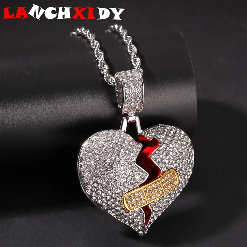 

LANCHXIDY Hip Hop Silver Gold Necklace Men Women Studded Zircon Band-Aid Broken Love Personality Pendant 18inch Hip Hop Jewelry