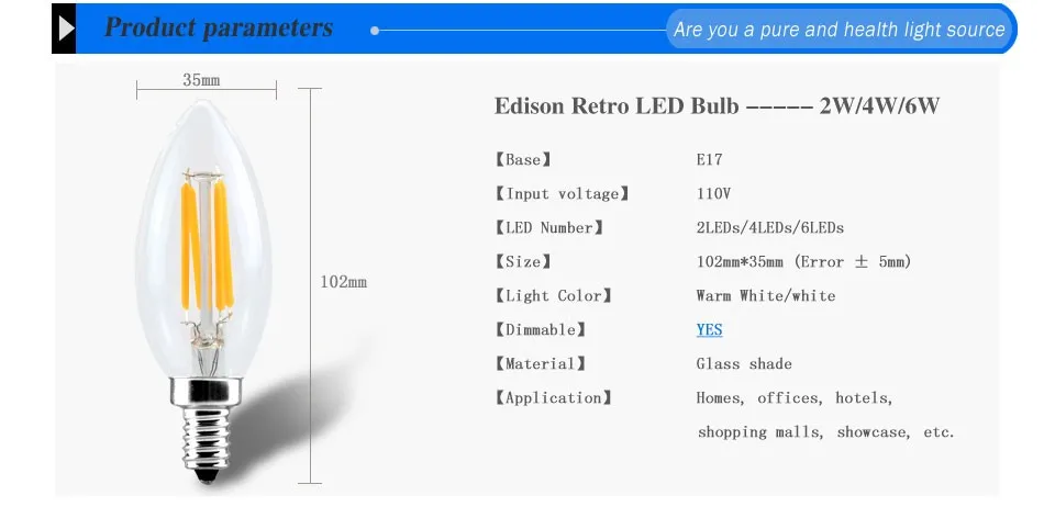 E17 светодиодный ламп накаливания лампы в форме свечи света типа «Свеча»), 2 Вт, 4 Вт, 6 Вт AC 110 V 127 V затемнения C35 фар для домашняя люстра подвесной светодиодный лампы
