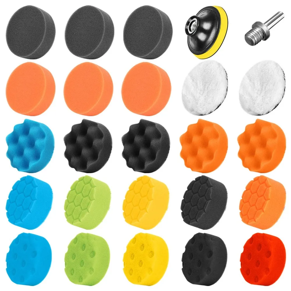 

SPTA 25Pcs Polishing Pad 3 Inch Car Polishing Sponge Pad Wool Polishing Pad Set + M14 Drill Adapter For Car Polishing/Drilling