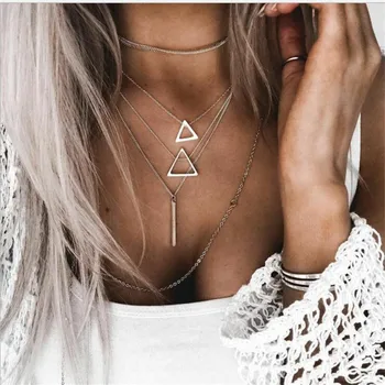 

Fashion Multi-Layer Triangles Hollow Bar Pendant Necklace Silver Color Chain Necklace For Women Wedding Party Gift