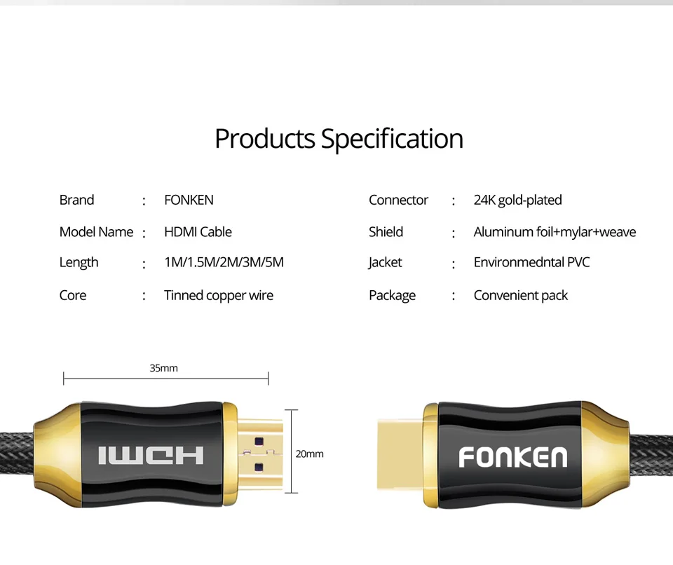 Кабель FONKEN HDMI 2,0 4K 60fps Ultra HD передача позолоченный HDMI к HDMI кабель нейлоновая оплетка для ТВ ПК ноутбук проектор