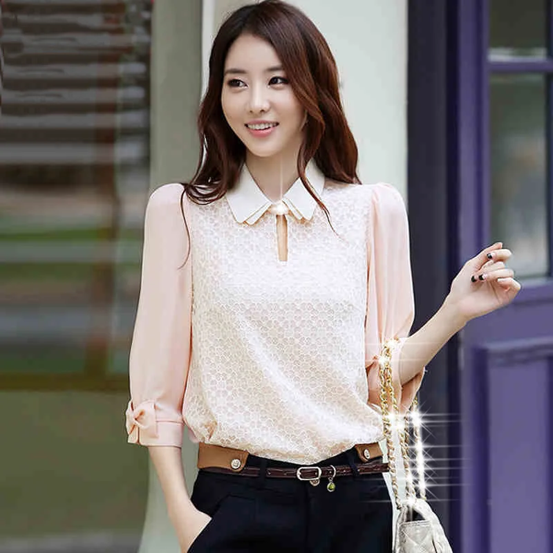 

New Hot Rushed Three Quarter Silk Blouse 2018 Spring Summer Women's Top Basic Shirt Three Quarter Sleeve Chiffon Female