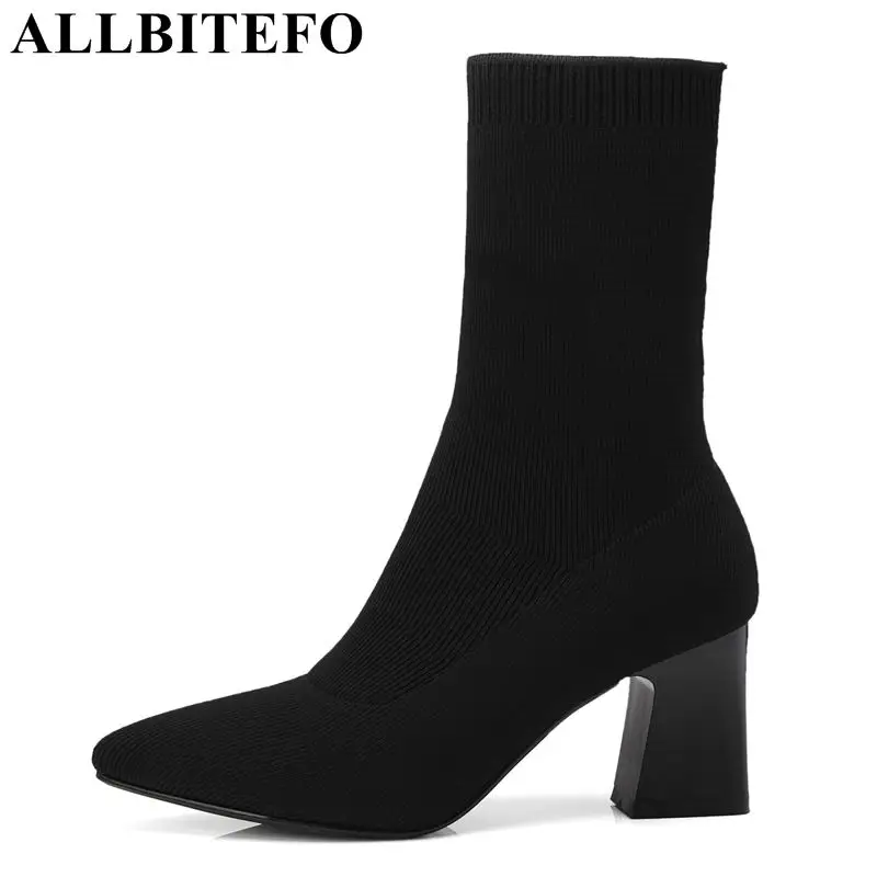 

ALLBITEFO thick heel Stretch cloth pointed toe women boots sexy high heels ankle boots women transparent boots grils shoes