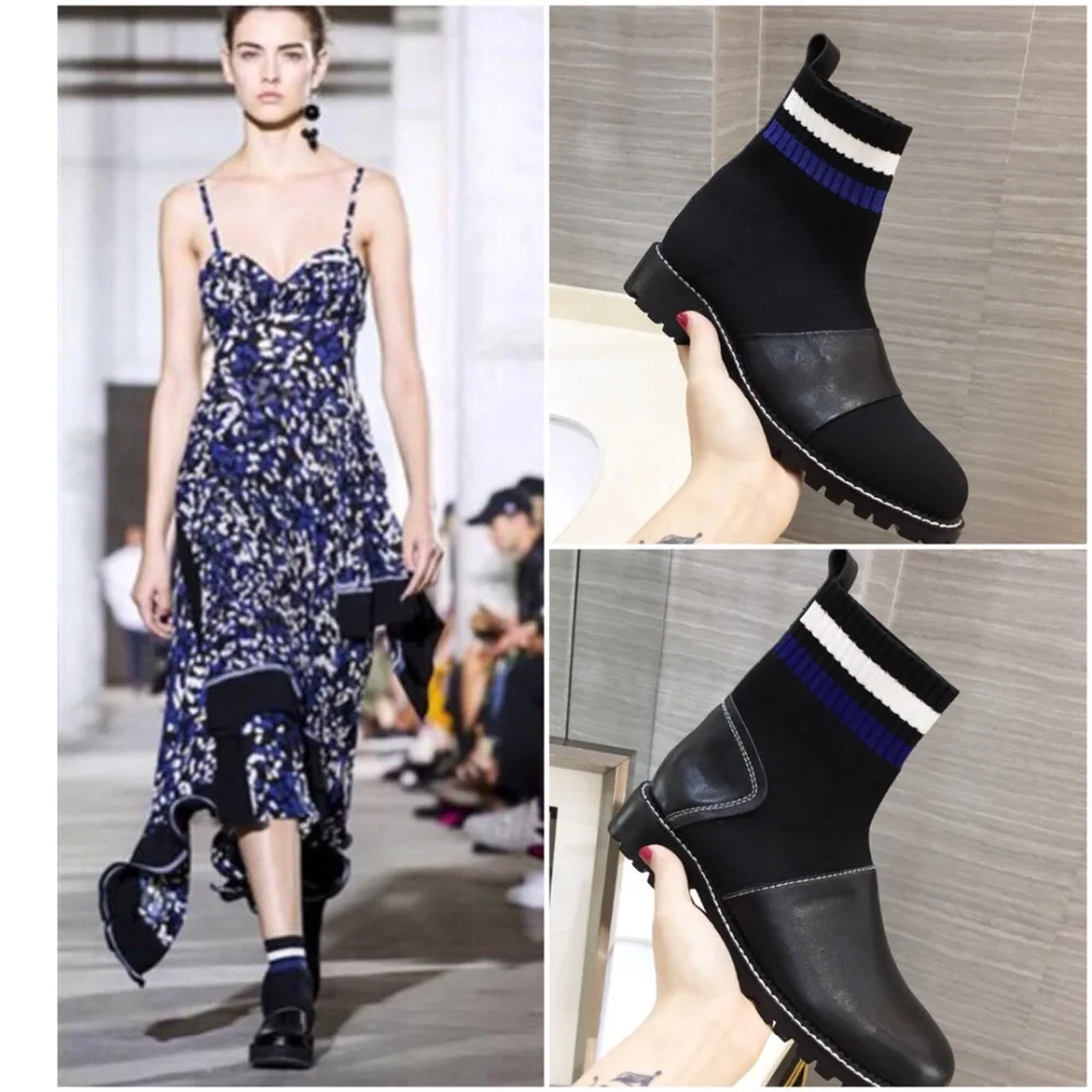 

boot woman2018 autumn and winter new cowhide flat bottom stretch boots Martin boots fashion sexy wild luxury brand