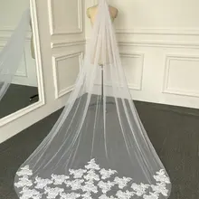 Реальные примеры фотографий без Бисер 3 м собор Кружево фата длиной Тюль с Кружево аппликация