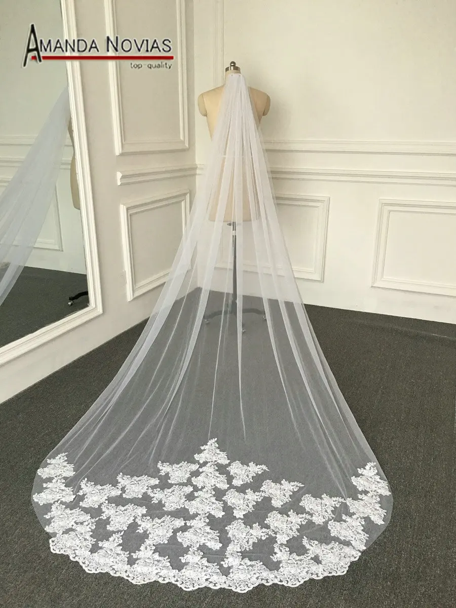 

Real Sample Pictures No Beading 3 Meter Cathedral Lace Veil Long Tulle with Lace applique
