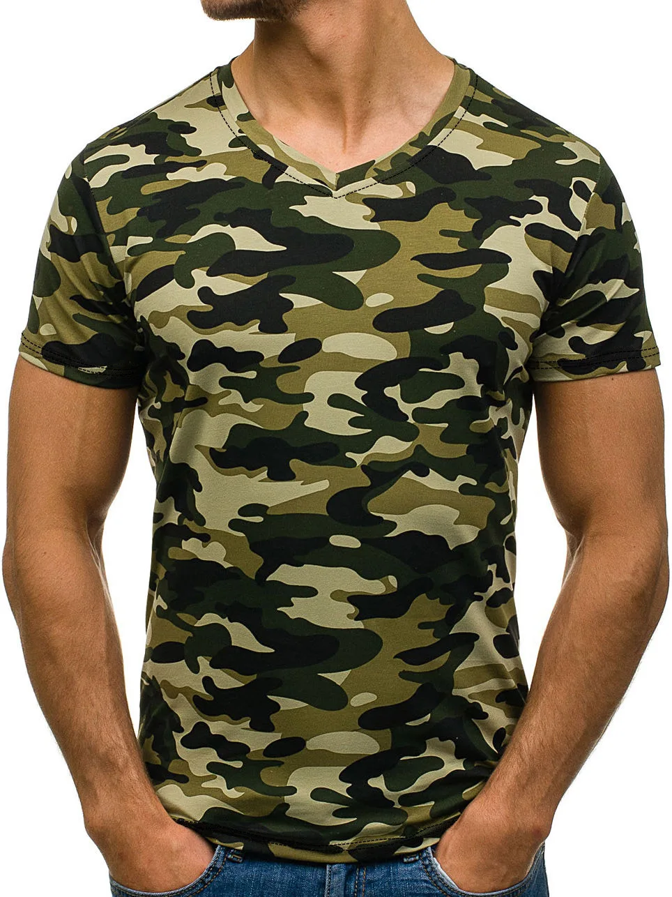Male 2018 Brand Short Sleeve Camouflage T Shirt V Neck Slim Men T Shirt