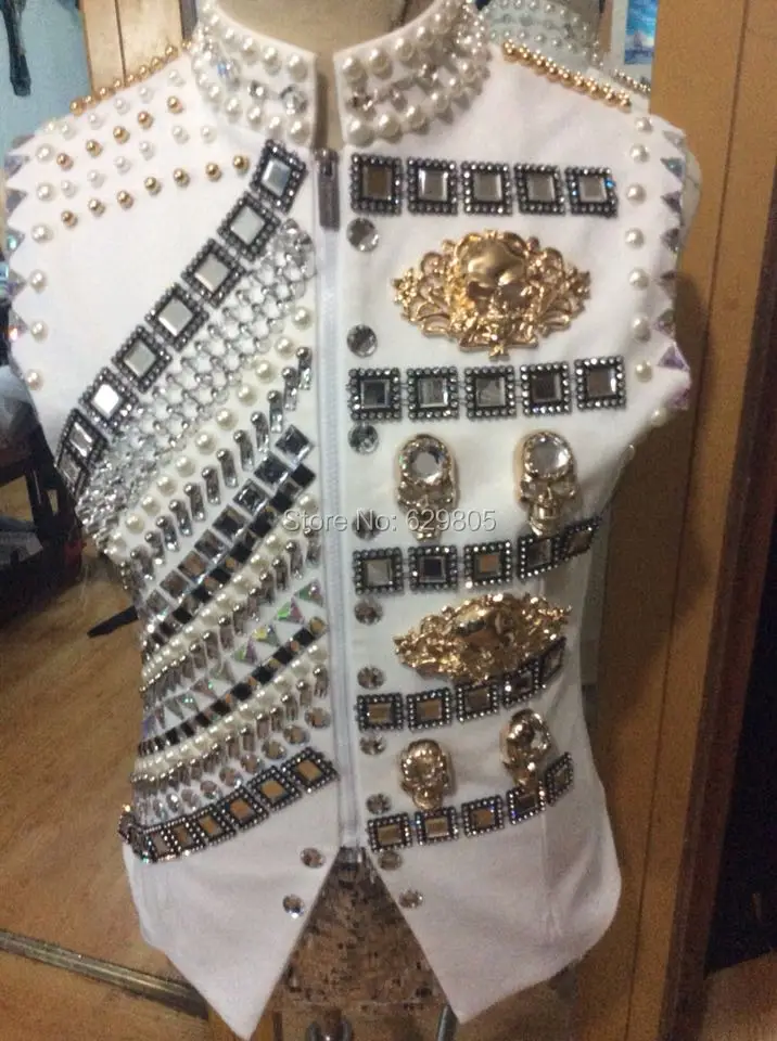

New fashion male costume rivets rhinestone beads jacket singer dancer costume palace punk style jazz vest ds dj jacket