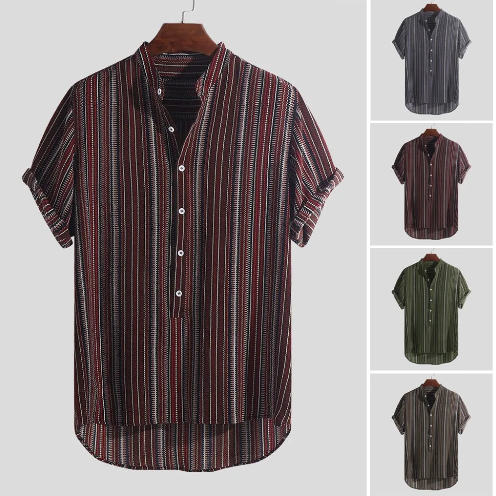 2019 Летняя мужская рубашка, полосатые пуговицы, дышащие повседневные футболки с коротким рукавом, camisa masculina hombre, Прямая доставка C