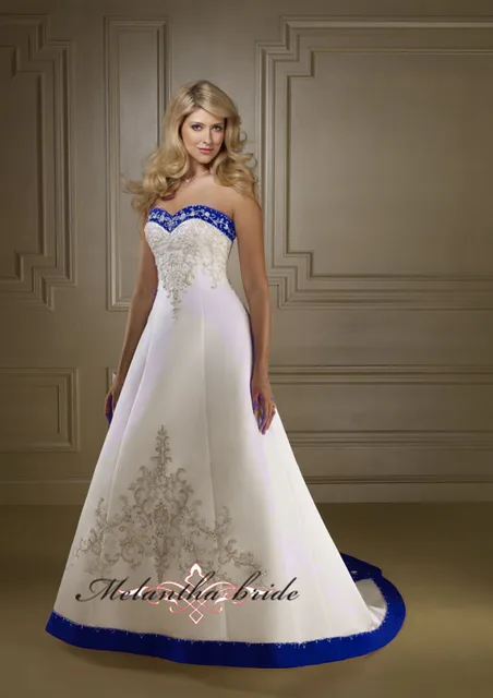 Elegant Satin Halter Neckline Embroidery Royal Blue And White Elegant Satin Halter Neckline Embroidery Royal Blue And White Wedding Dresses