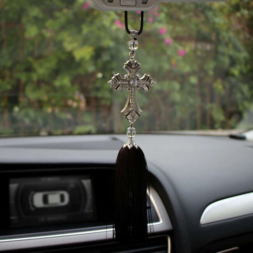 Car Rearview Mirror Pendant Car Pendant Metal And Crystal Diamond Cross