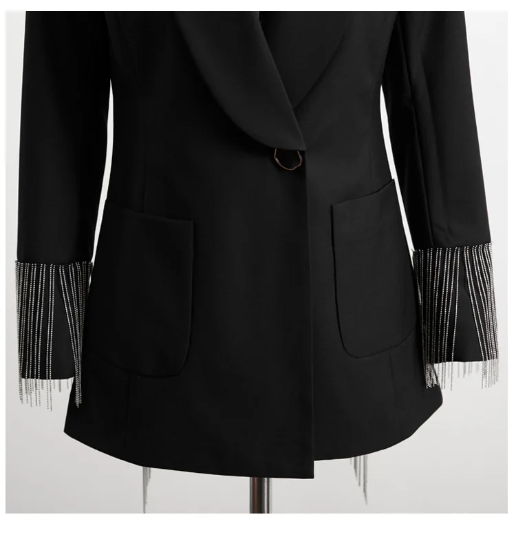 Ручная работа, Роскошный Блейзер, костюмы для женщин, Ретро стиль, открытая спина, нестандартная цепочка с бахромой, на одной пуговице, короткие блейзеры, пальто черного цвета