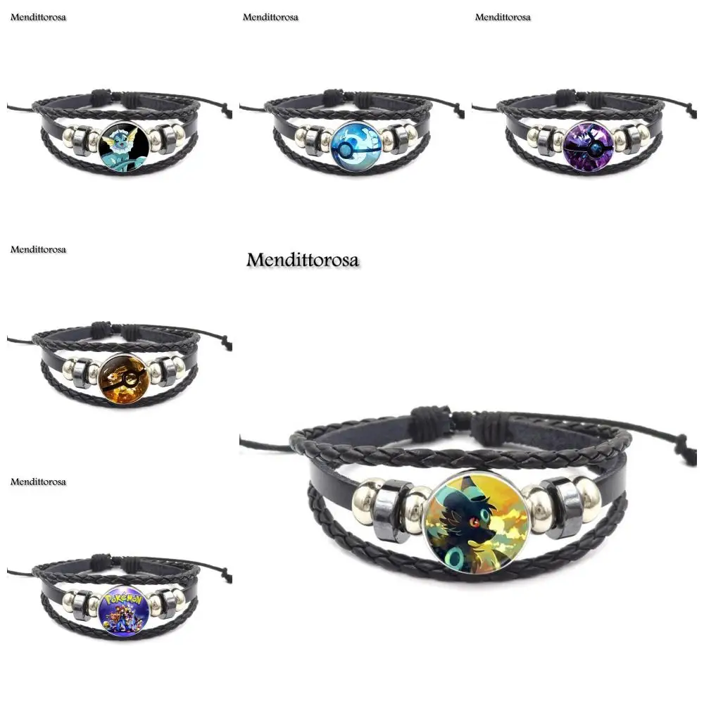 

Mendittorosa Jewelry With Glass Cabochon Black Leather Bracelet Bangle For Women Party Pokemon Go Pokemon Ball Monster Anime