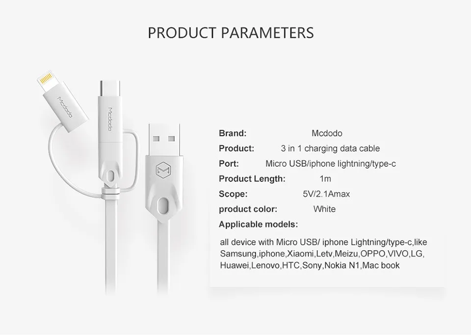 Mcdodo 3 в 1 Lightning-USB кабель для iPhone x xs 8 Micro USB кабель для быстрой зарядки usb type c для samsung Xiaomi зарядный кабель