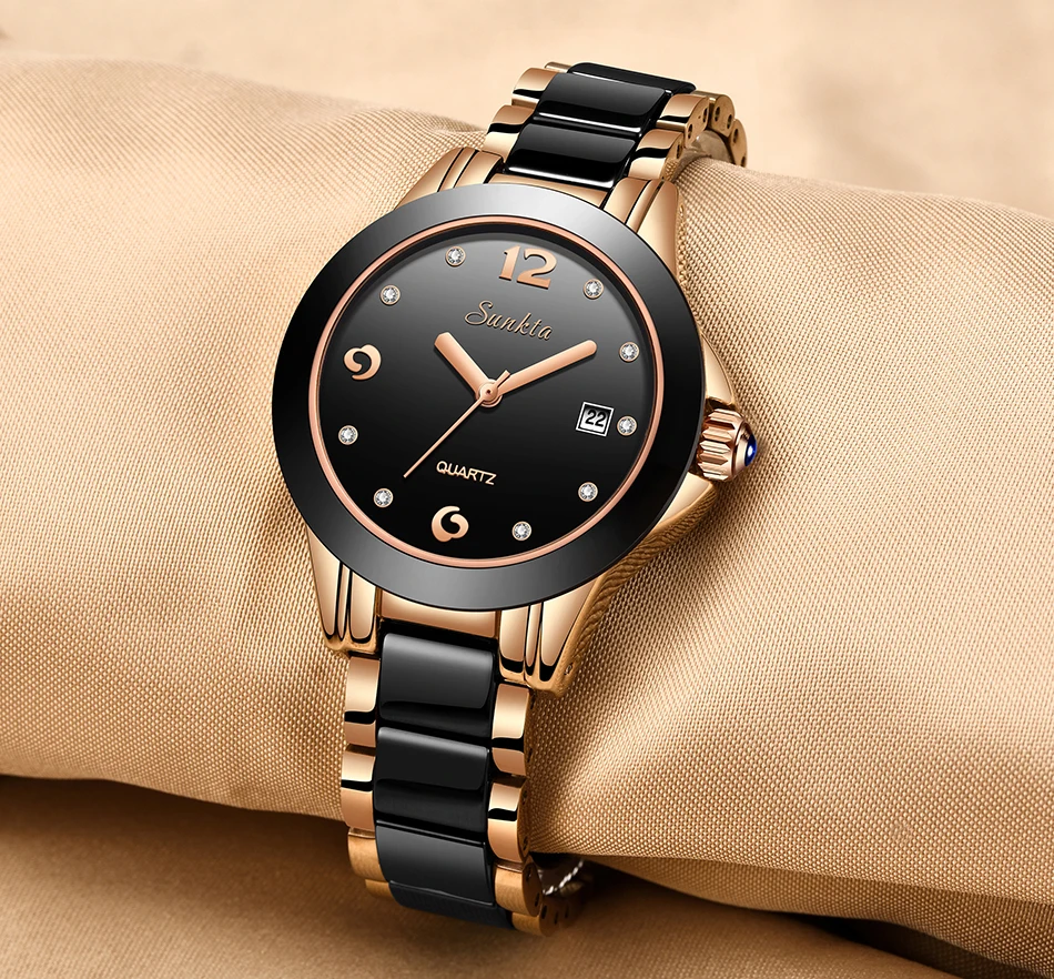 Montre Femme 2019 SUNKTA новые роскошные женские часы розовые керамические золотистые женские часы с бриллиантами подарок кварцевые наручные часы