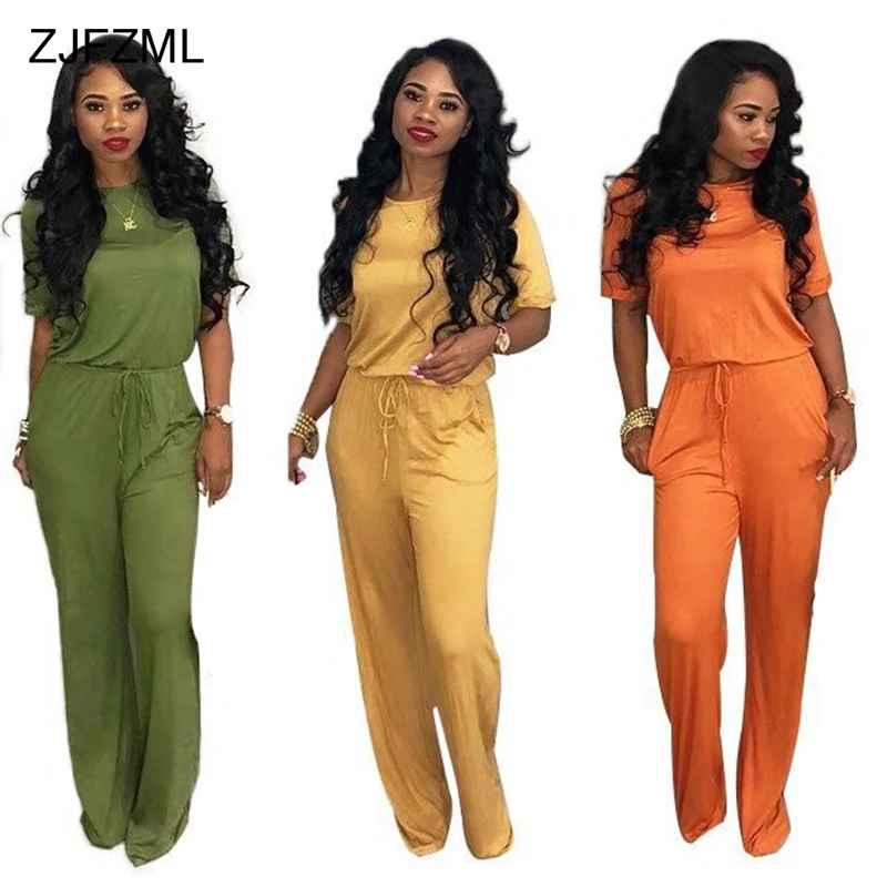 ZJFZML 2018 New Summer Casual Full Rompers Womens Jumpsuit Short Sleeve Long Pants Sexy Overalls Streetwear Spandex Body Romper