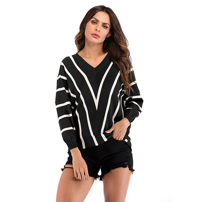 New Fashion Bat Sleeve Sweaters Casual Loose Tops Pull Femme Women Stripe Sweater Autumn Female V-Neck Knitted | Женская одежда