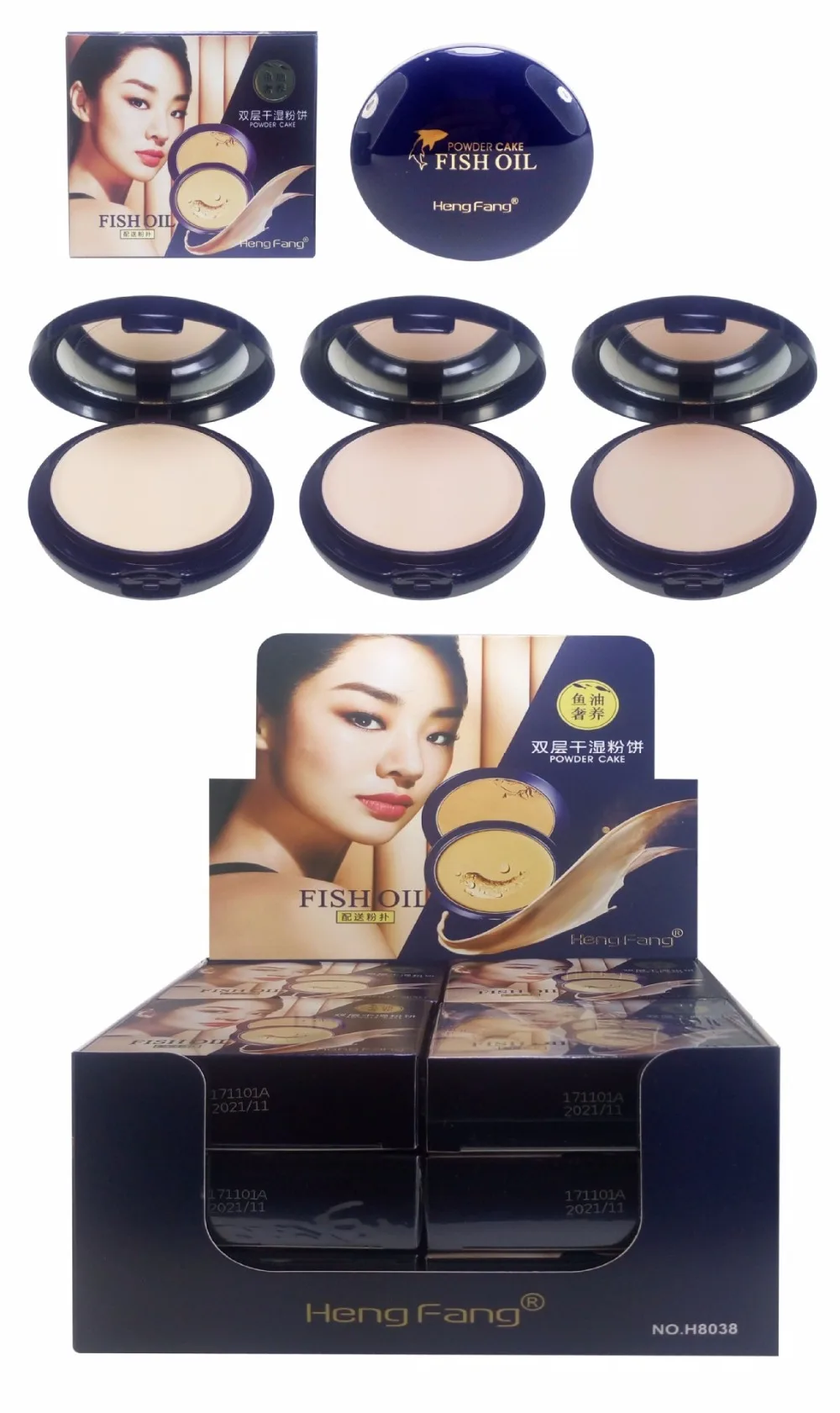 HengFang brand Best sellers fish oil Dry and wet dual-use Double-deck Powder cake Long effect Oil control Brighten the skin