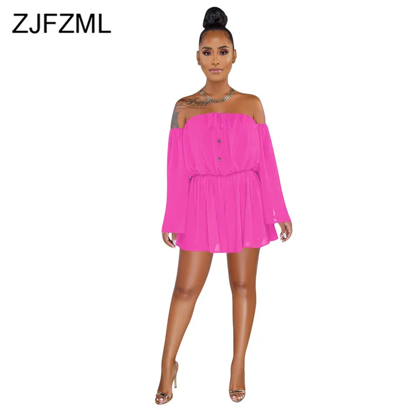 

Off Shoulder Summer Chiffon Mini Dress Women Long Flare Sleeve Backless Beach Dress Sexy Slash Neck High Waist Plus Size Dress